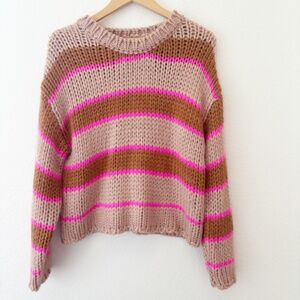 By Together hot pink brown striped chunky knit crewneck‎ sweater Size Small